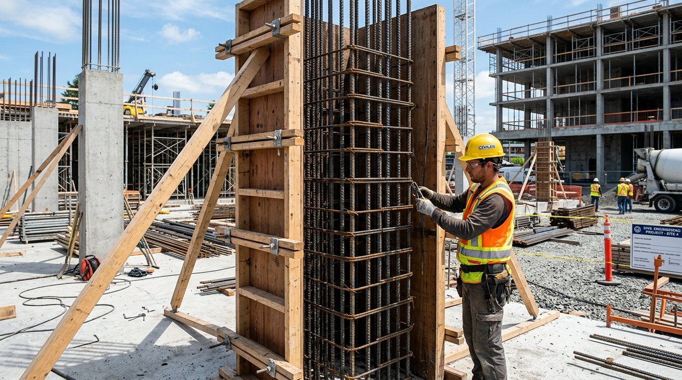 Reinforced Concrete Column Construction Site with Steel Rebar Cage