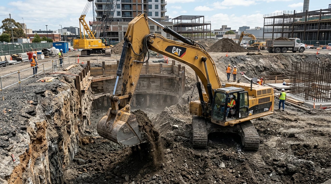 Heavy Hydraulic Excavator Digging Deep Foundation Trench