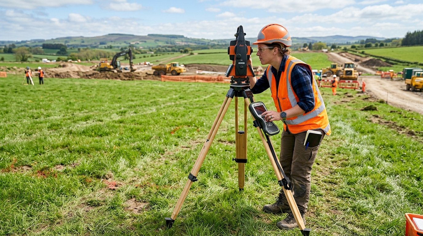 Civil Engineer Land Surveyor operating Total Station Optical Instrument